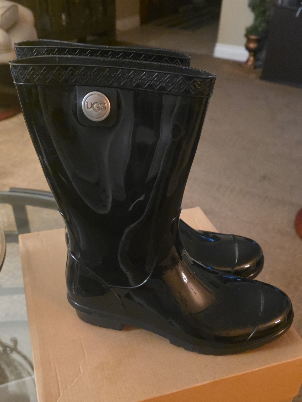 UGG Women's Black Gloss Waterproof Rain Boots with Logo Accent